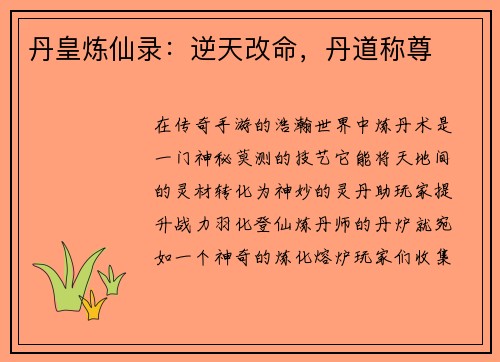 丹皇炼仙录：逆天改命，丹道称尊