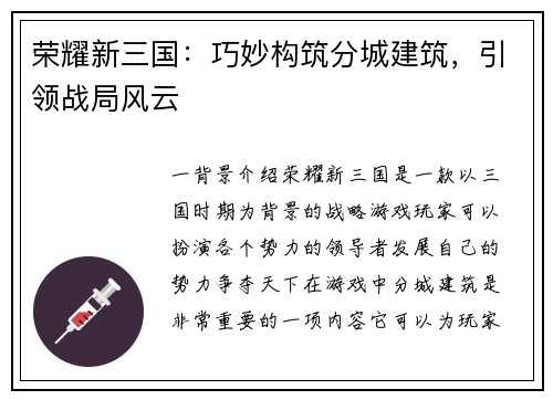 荣耀新三国：巧妙构筑分城建筑，引领战局风云